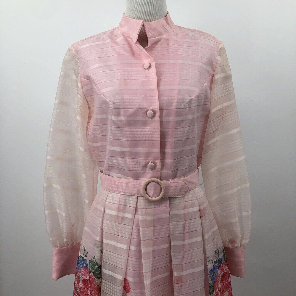 Vintage 60s Pink Stripe Floral Maxi Dress Roses Sheer Layered Mad Men Belted SzS - Picture 4 of 12
